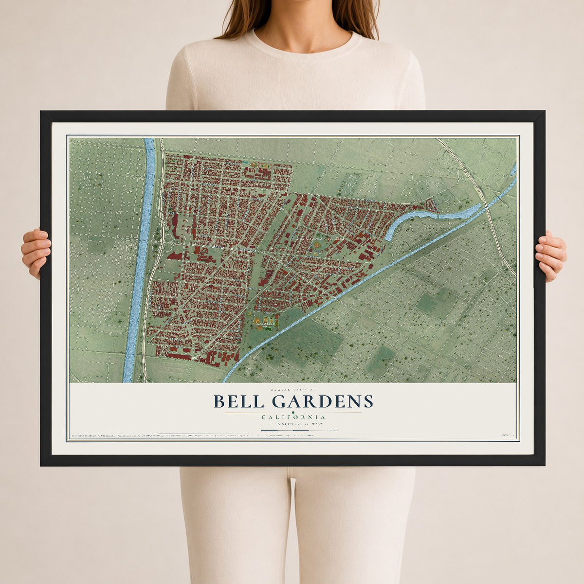 Map of Bell Gardens, California, 24 x 36 inch print in a black wood frame