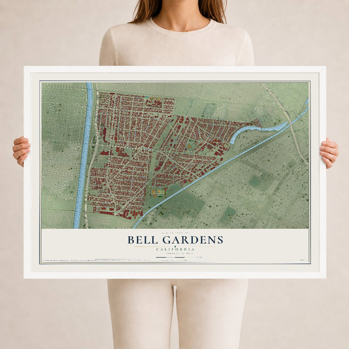 Map of Bell Gardens, California, 24 x 36 inch print in a white wood frame