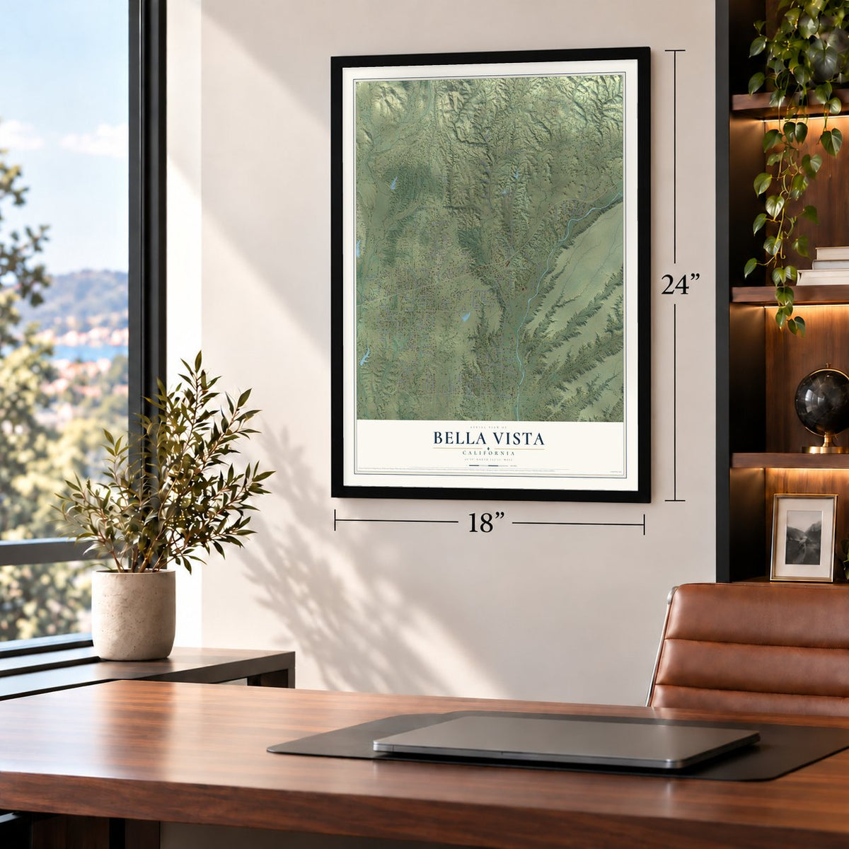 Bella Vista, California map, 18 x 24 inch print in a black frame in a home office