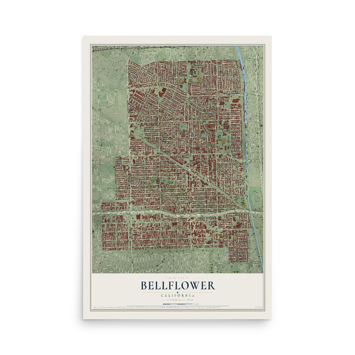 Map of Bellflower, California, 12 x 18 inch unframed archival matte print