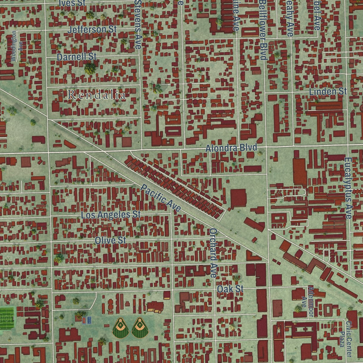 Close-up of the map of Bellflower, California print showing street and building detail