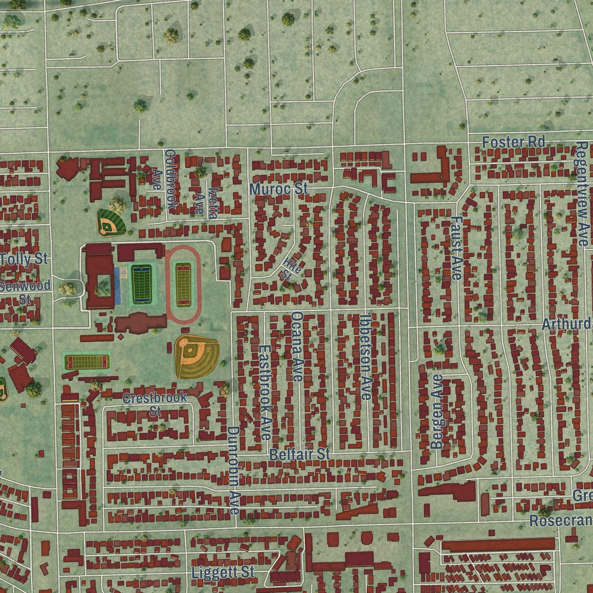 Second close-up of the map of Bellflower, California print showing more streets and buildings