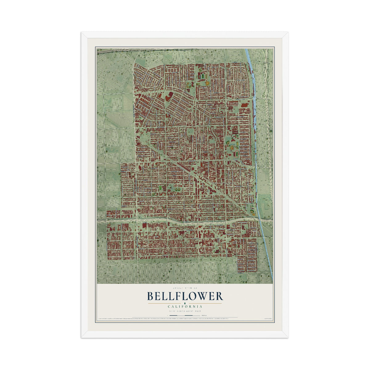 Map of Bellflower, California, 12 x 18 inch print in a white wood frame
