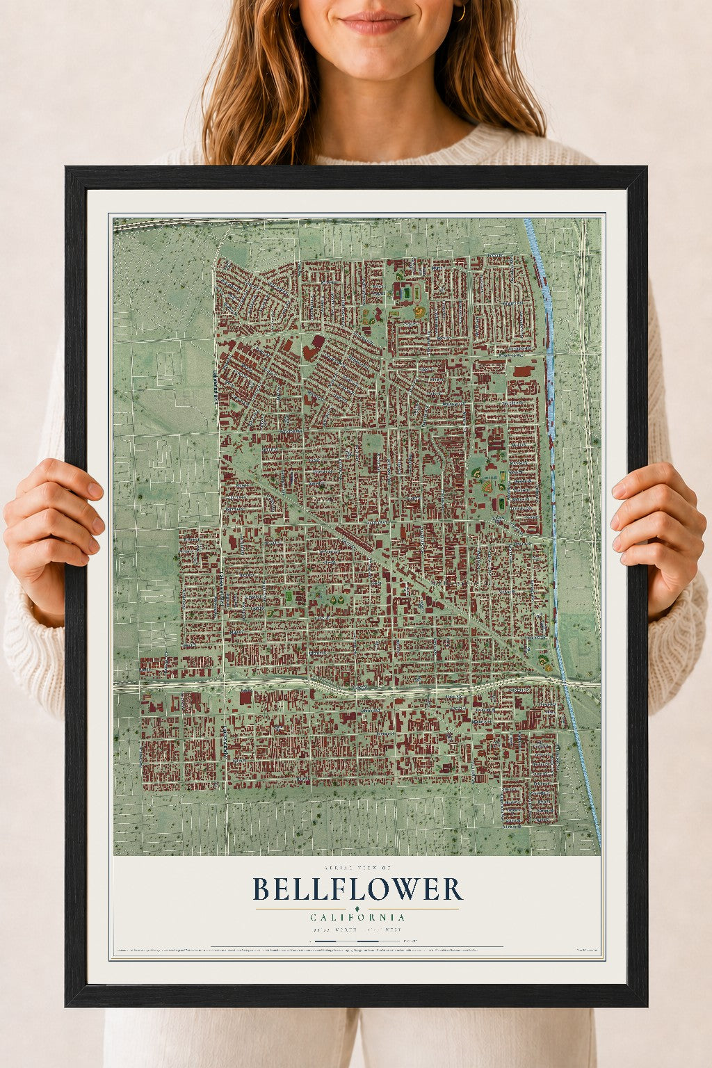 Map of Bellflower, California, 18 x 24 inch print in a black wood frame