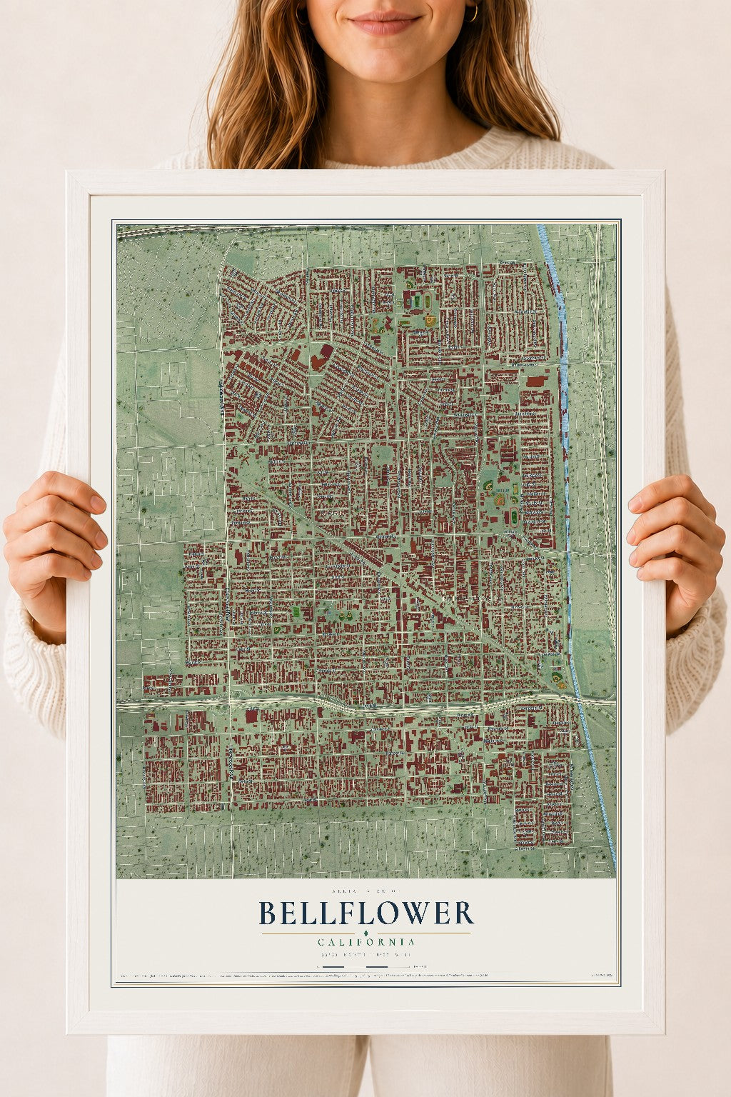 Map of Bellflower, California, 18 x 24 inch print in a white wood frame