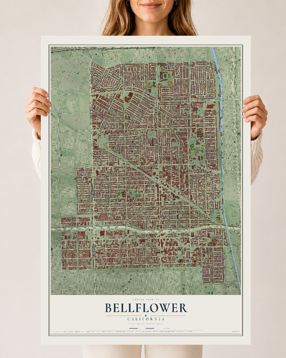 Map of Bellflower, California, 24 x 36 inch unframed archival matte print