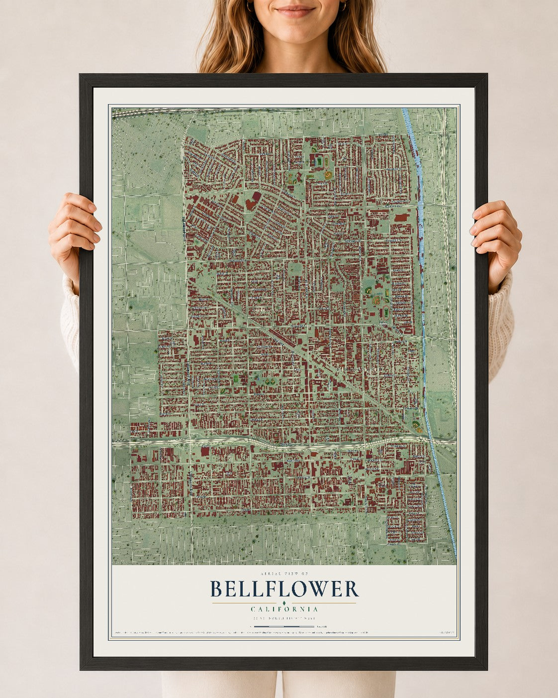 Map of Bellflower, California, 24 x 36 inch print in a black wood frame