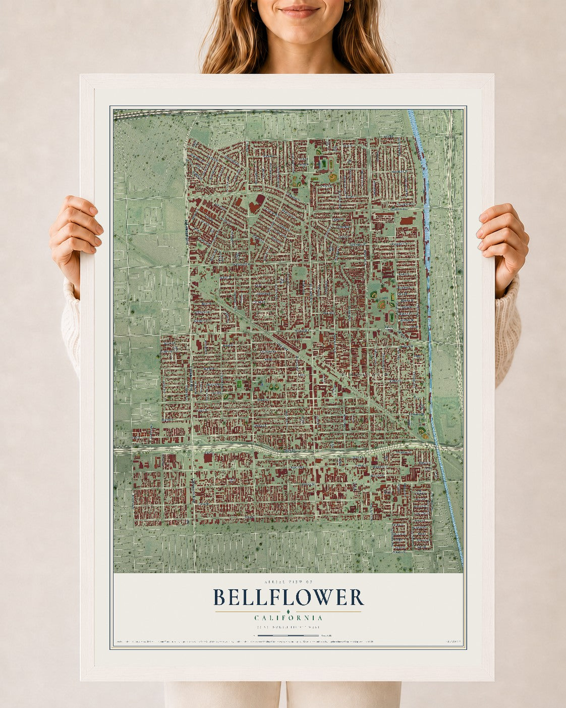 Map of Bellflower, California, 24 x 36 inch print in a white wood frame
