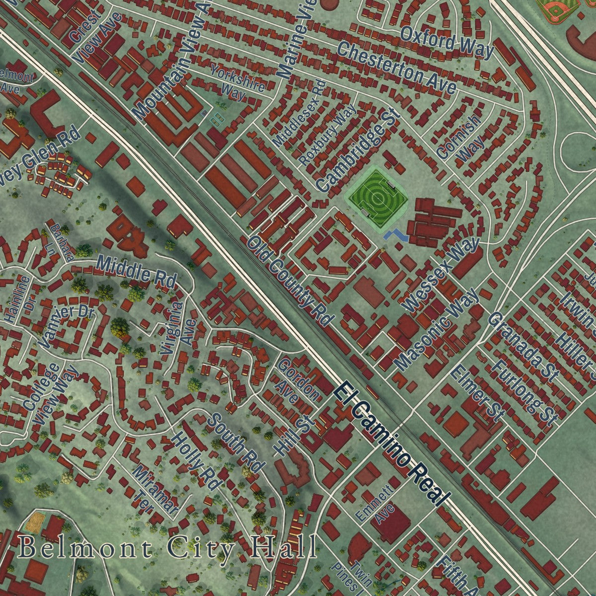 Second close-up of the map of Belmont, California print showing more streets and buildings