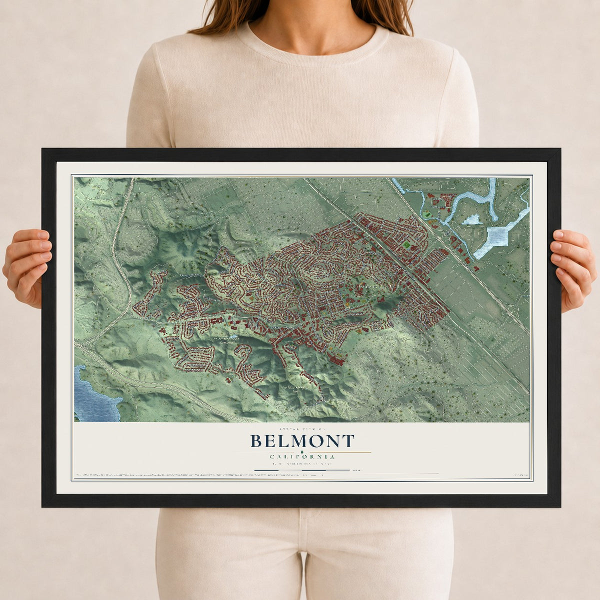 Map of Belmont, California, 12 x 18 inch print in a black wood frame