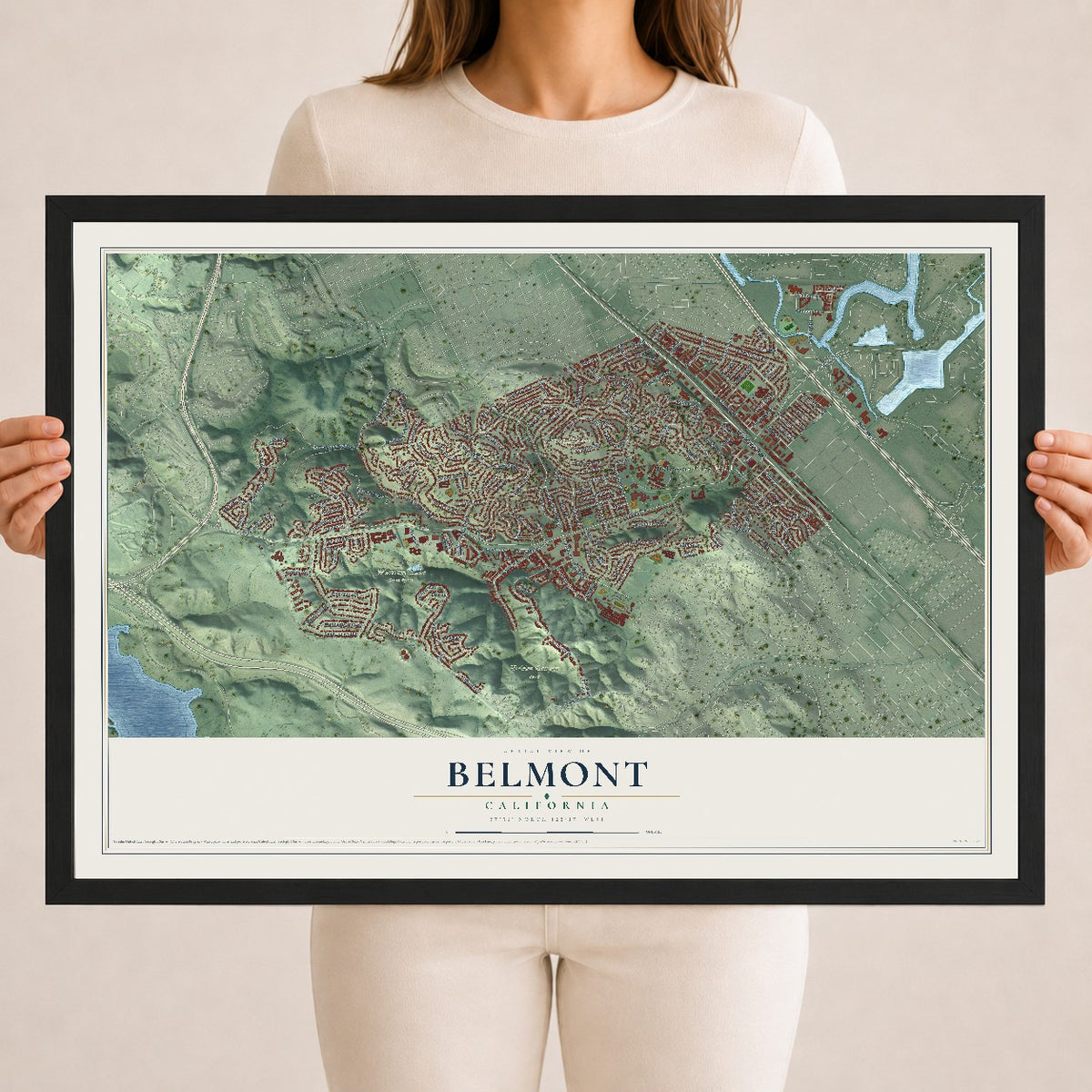 Map of Belmont, California, 18 x 24 inch print in a black wood frame