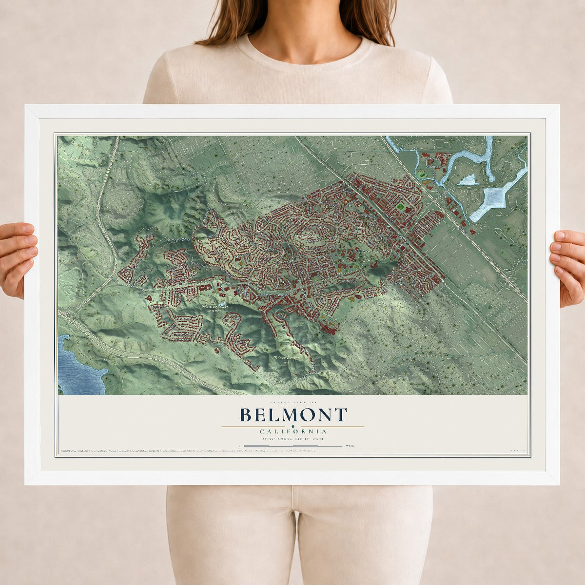 Map of Belmont, California, 18 x 24 inch print in a white wood frame