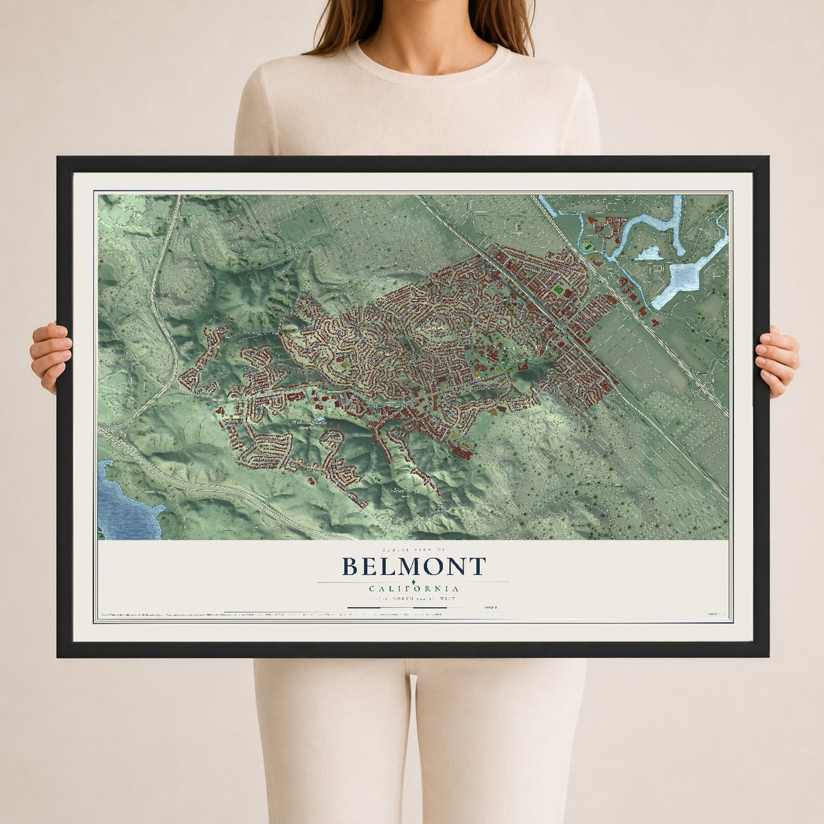 Map of Belmont, California, 24 x 36 inch print in a black wood frame