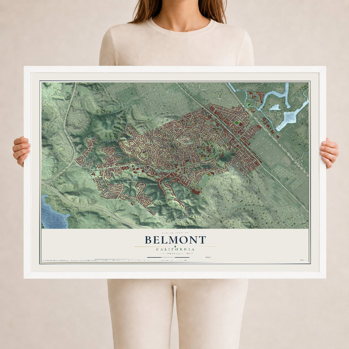 Map of Belmont, California, 24 x 36 inch print in a white wood frame