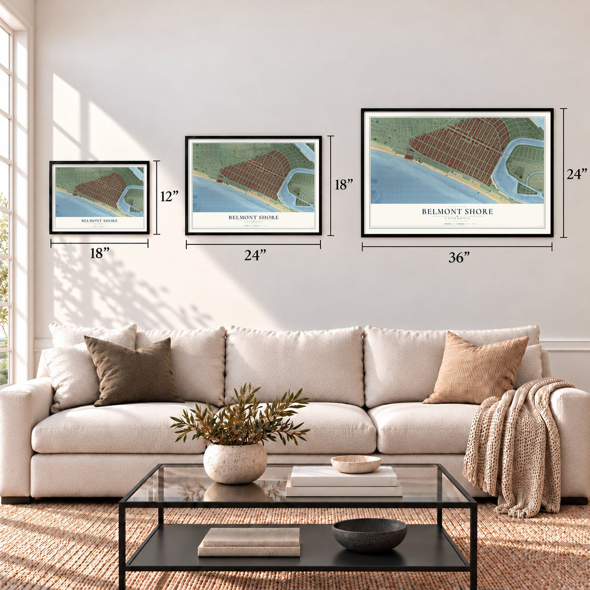Belmont Shore, California map in 12 x 18, 18 x 24 and 24 x 36 inch sizes above a sofa