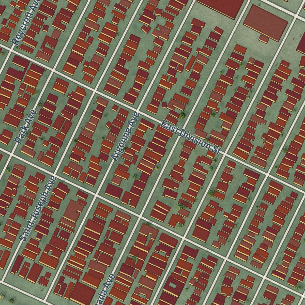 Close-up of the map of Belmont Shore, California print showing street and building detail