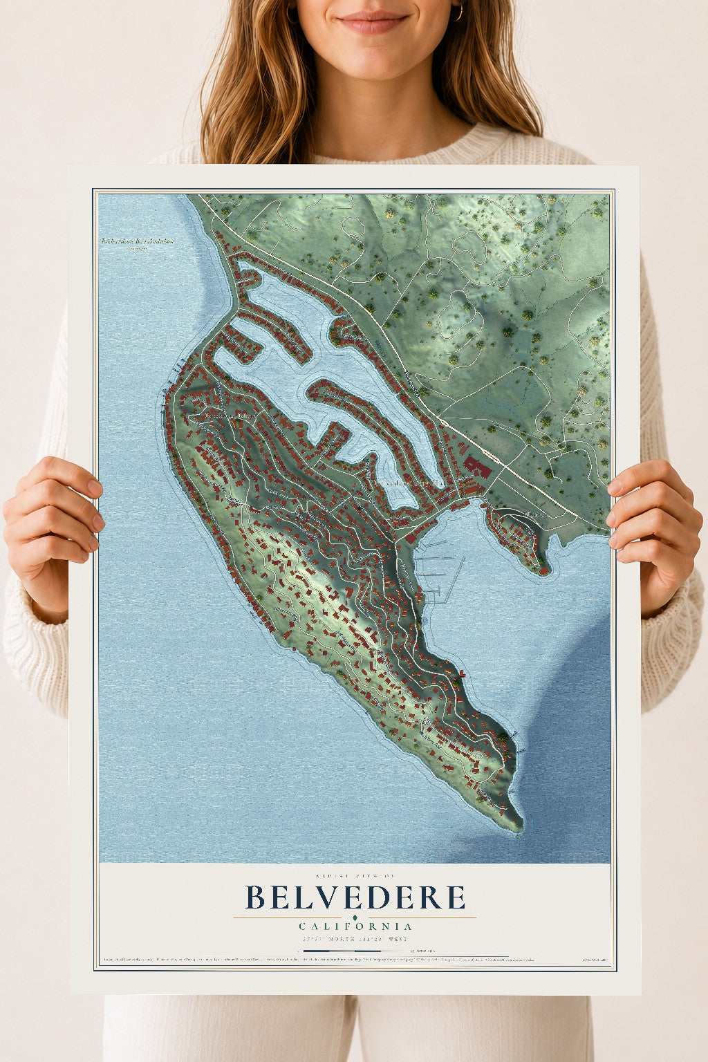 Map of Belvedere, California, 18 x 24 inch unframed archival matte print