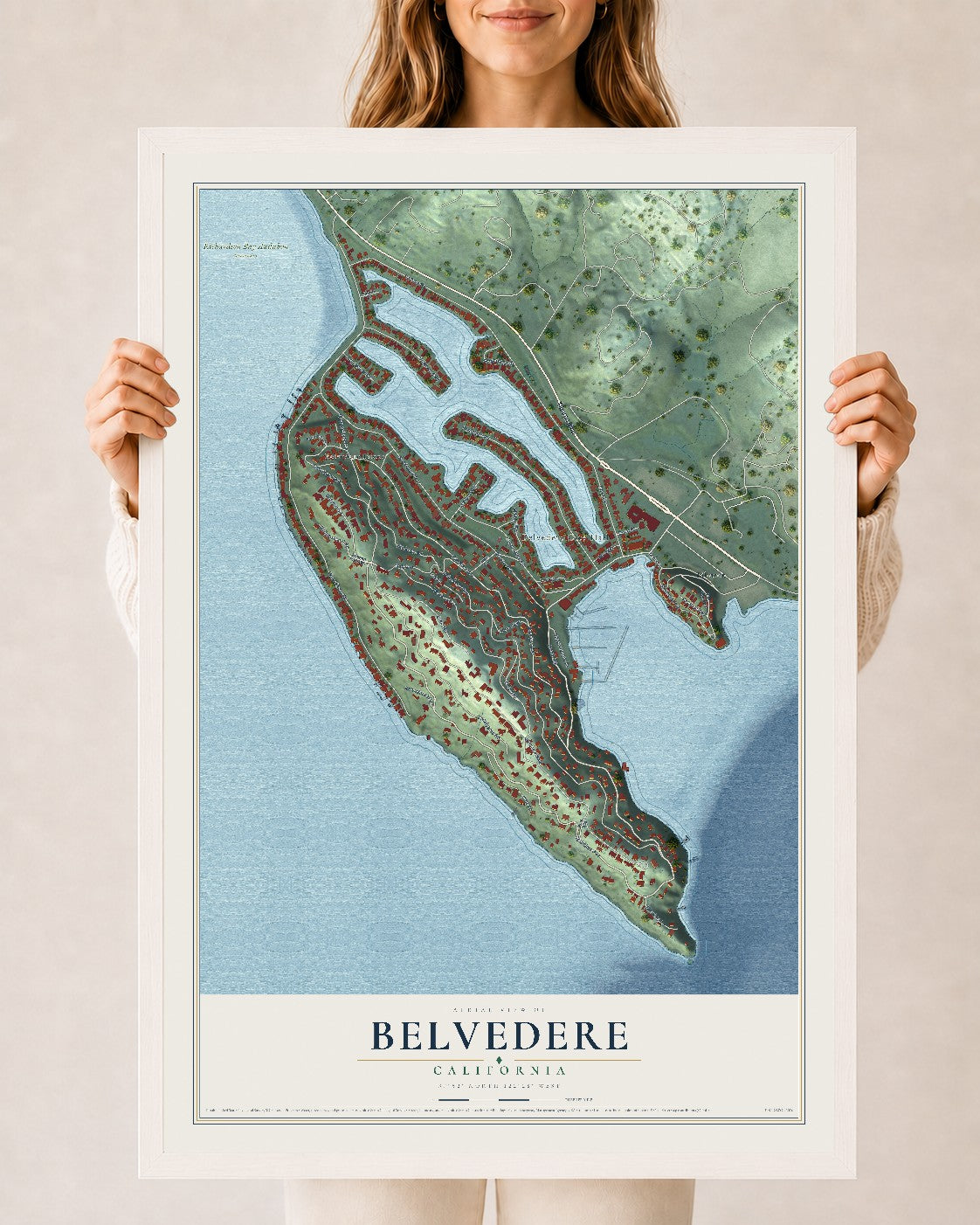 Map of Belvedere, California, 24 x 36 inch print in a white wood frame
