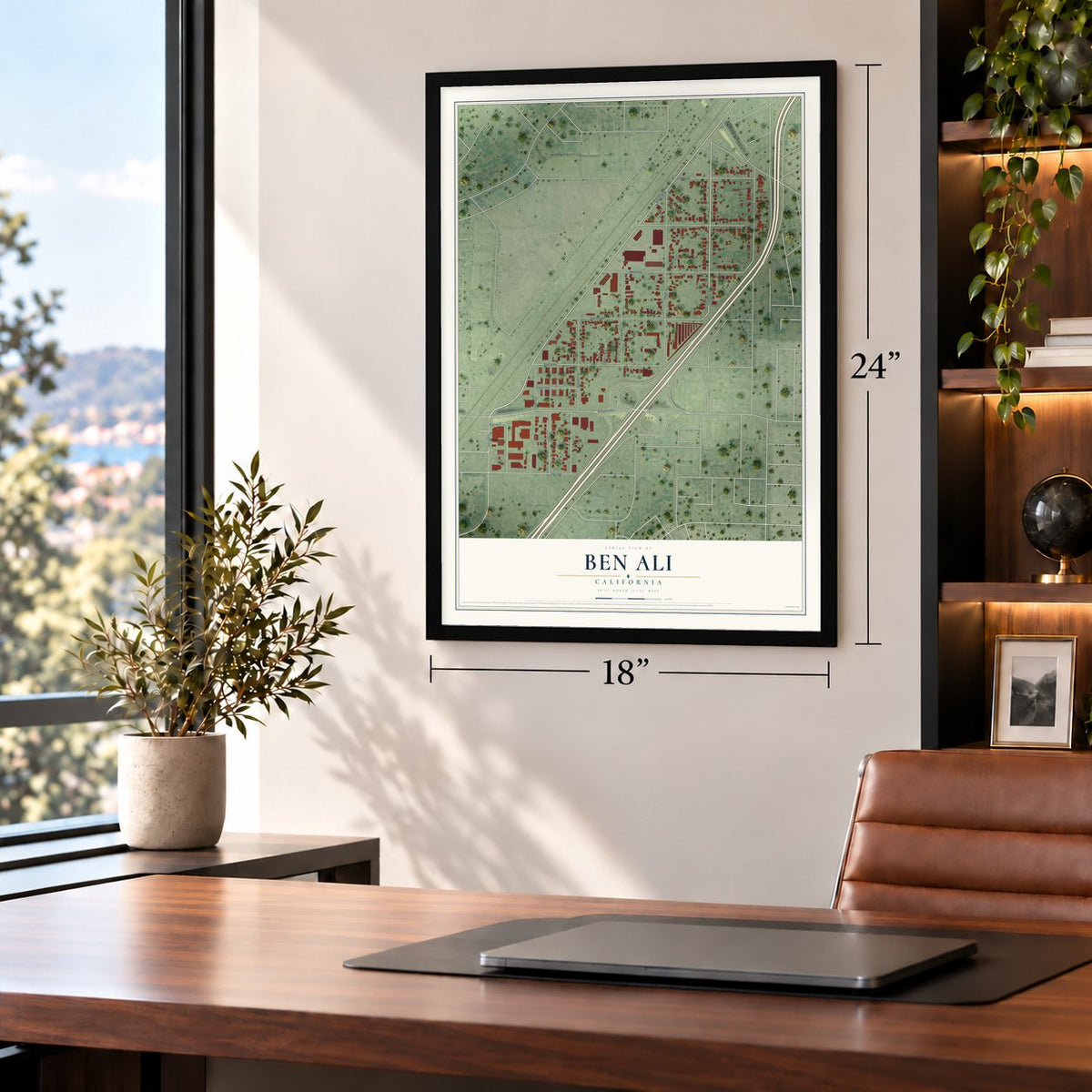 Ben Ali, California map, 18 x 24 inch print in a black frame in a home office