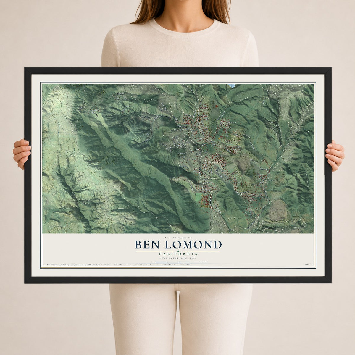 Map of Ben Lomond, California, 24 x 36 inch print in a black wood frame