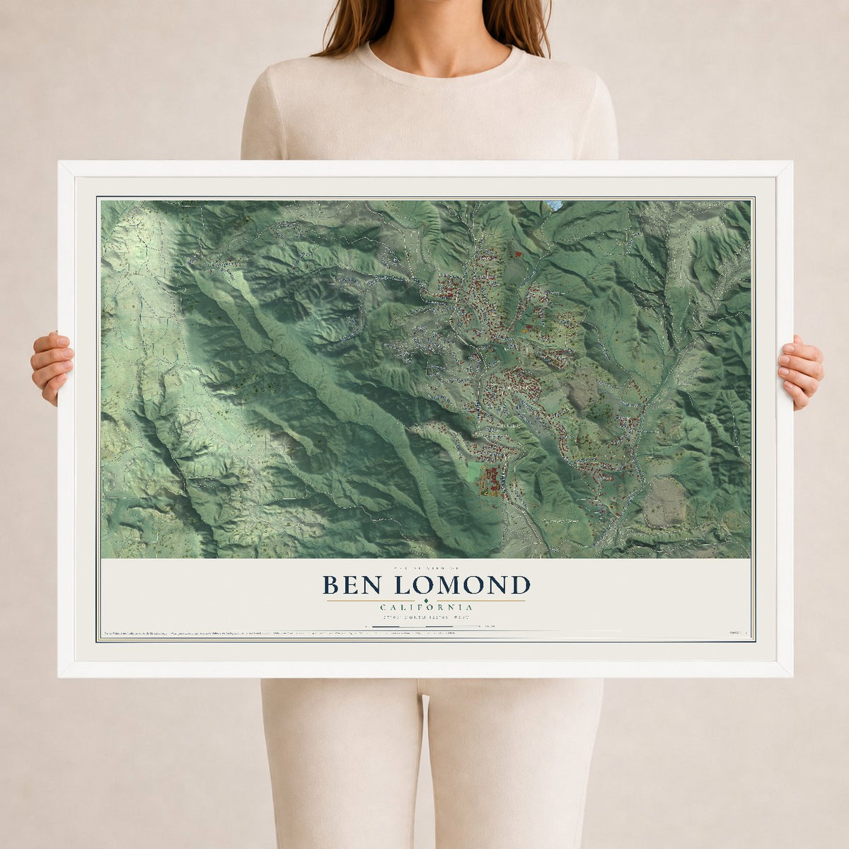 Map of Ben Lomond, California, 24 x 36 inch print in a white wood frame