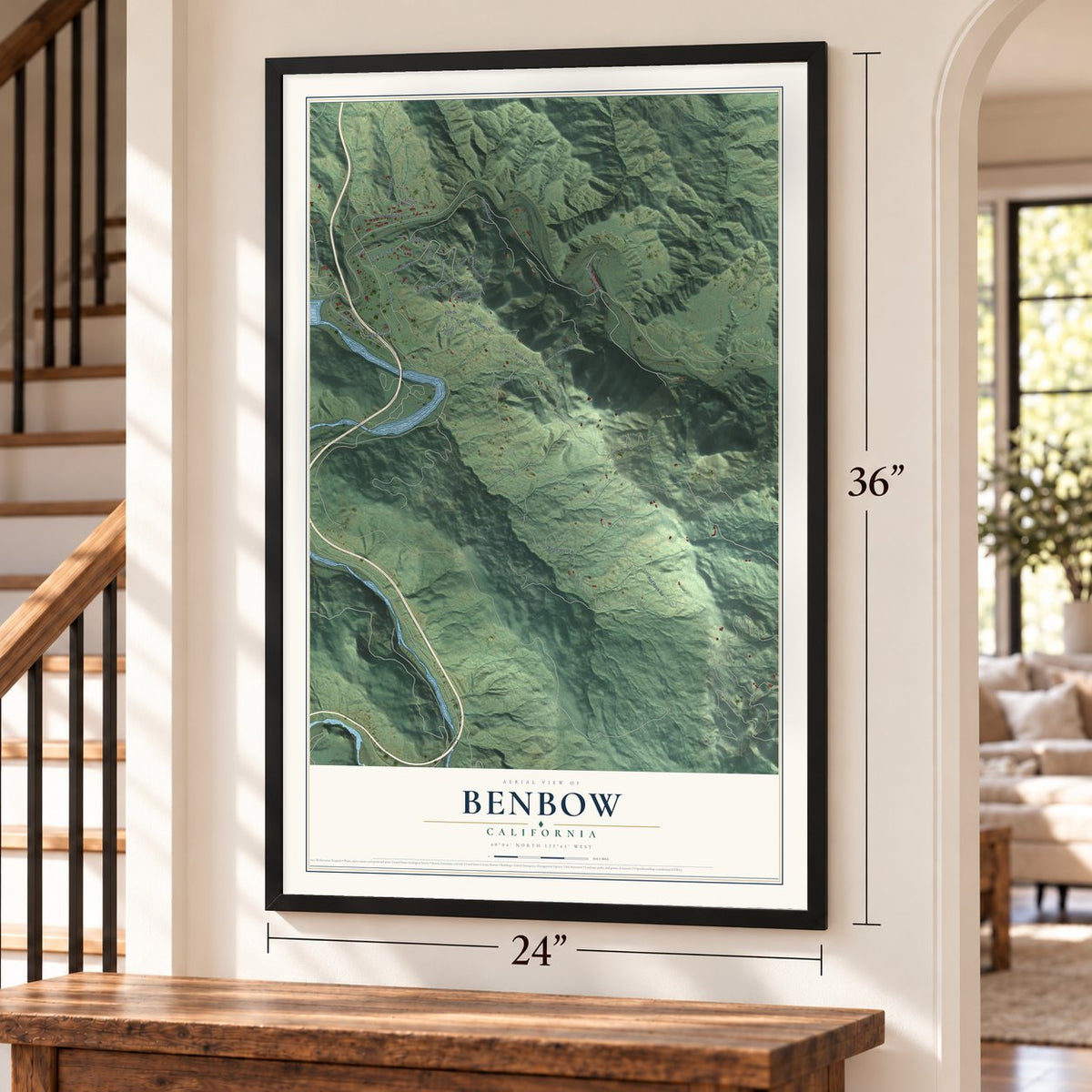 Benbow, California map, 24 x 36 inch print in a black frame by a staircase