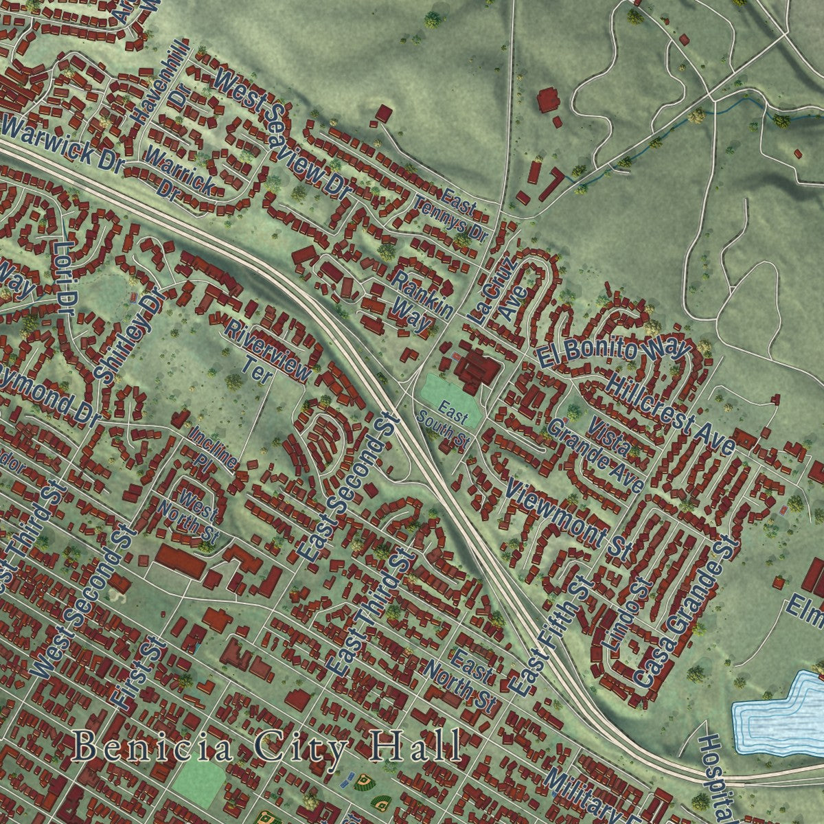 Close-up of the map of Benicia, California print showing street and building detail