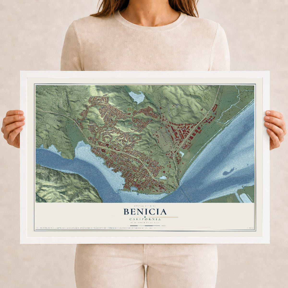 Map of Benicia, California, 12 x 18 inch print in a white wood frame