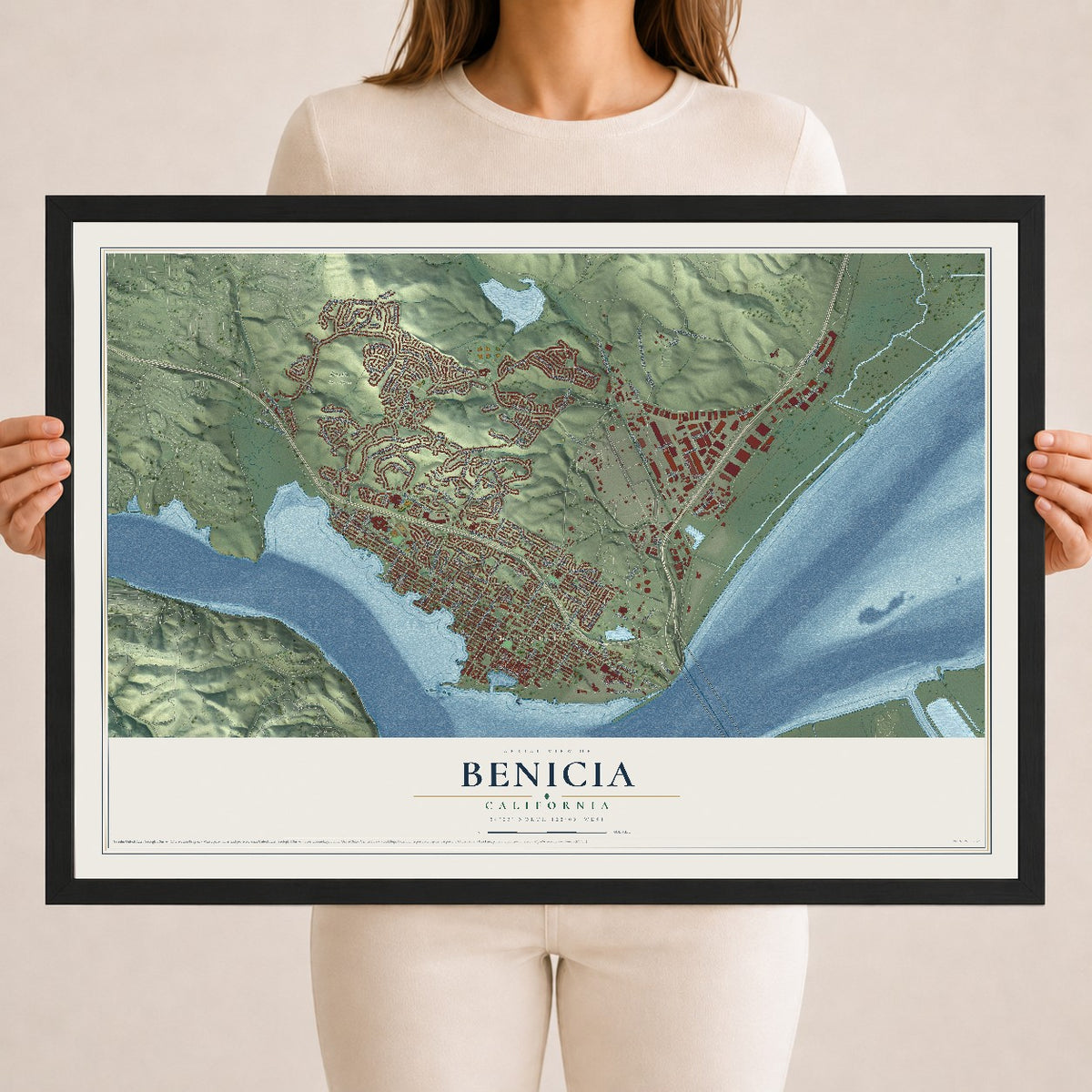 Map of Benicia, California, 18 x 24 inch print in a black wood frame