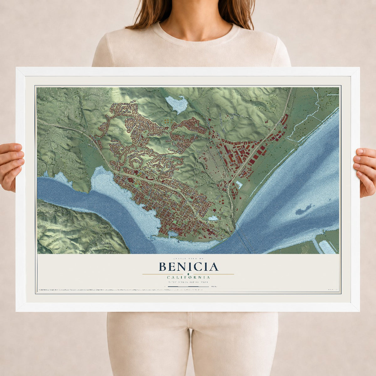 Map of Benicia, California, 18 x 24 inch print in a white wood frame