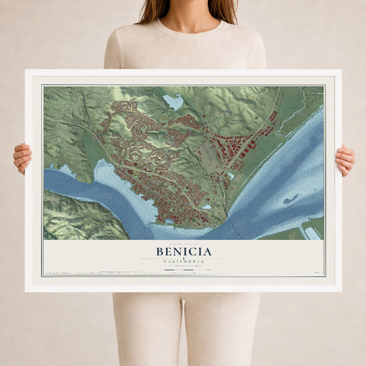 Map of Benicia, California, 24 x 36 inch print in a white wood frame