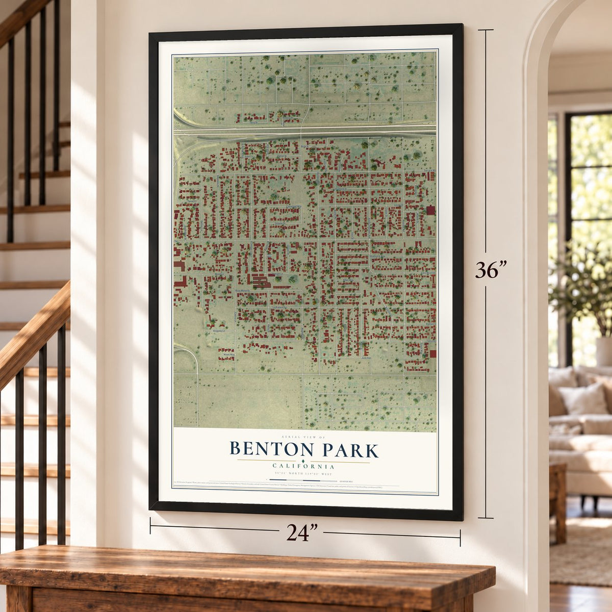 Benton Park, California map, 24 x 36 inch print in a black frame by a staircase