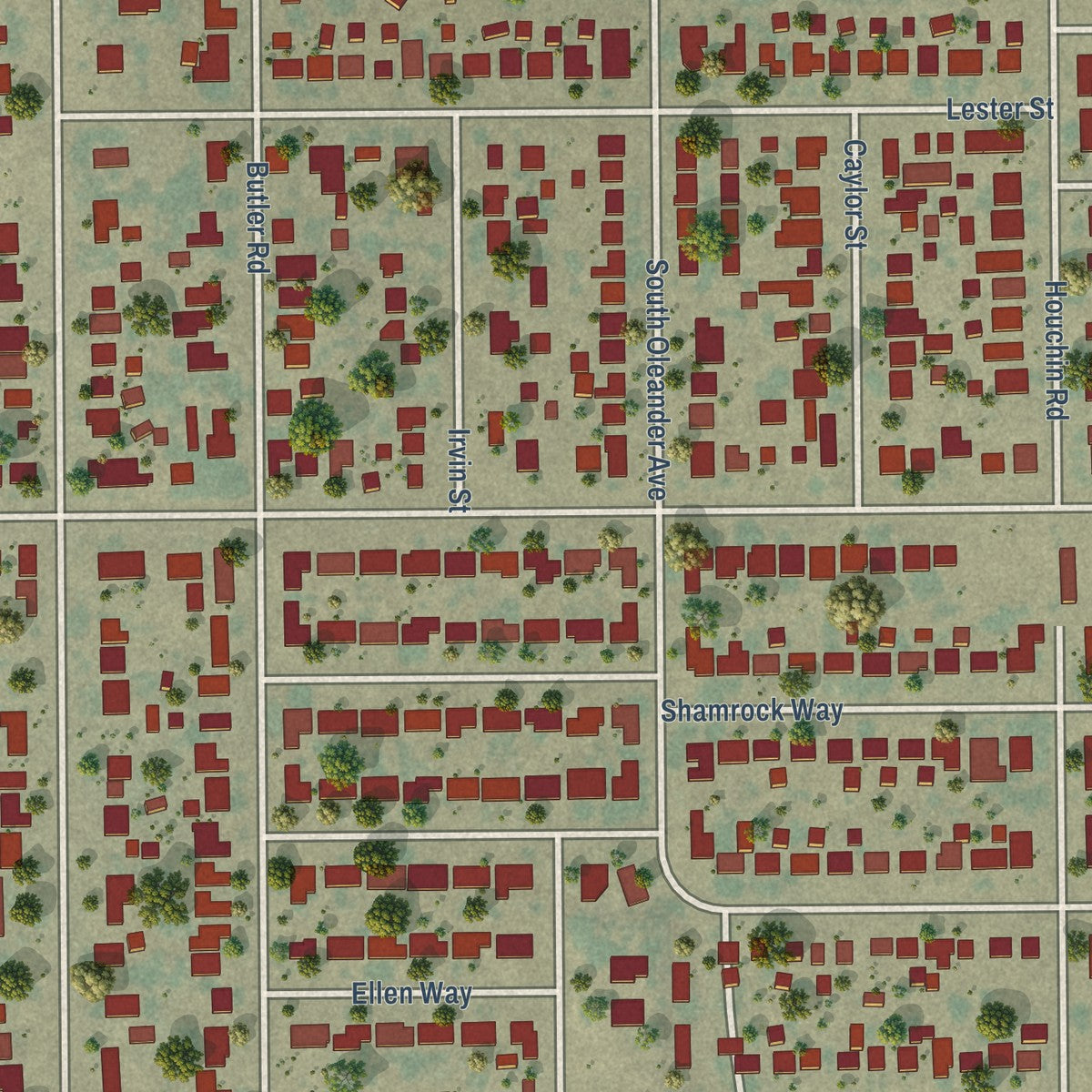 Close-up of the map of Benton Park, California print showing street and building detail