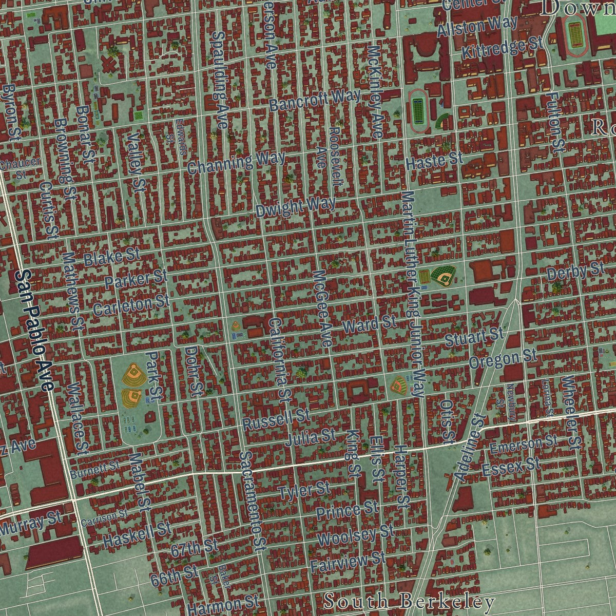 Second close-up of the map of Berkeley, California print showing more streets and buildings