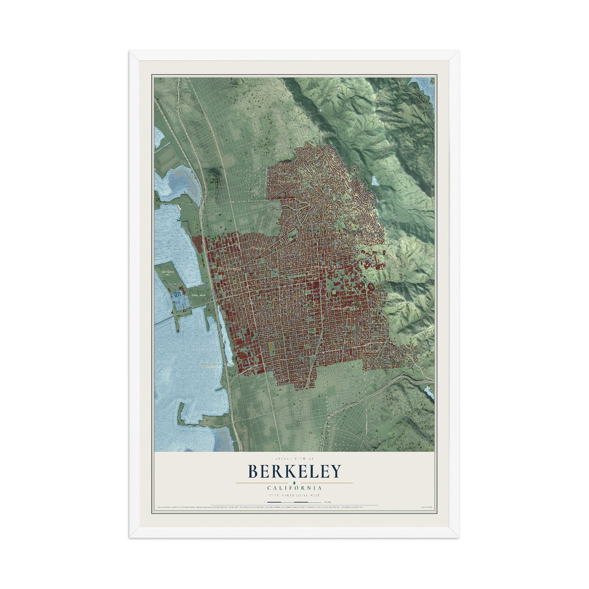 Map of Berkeley, California, 12 x 18 inch print in a white wood frame