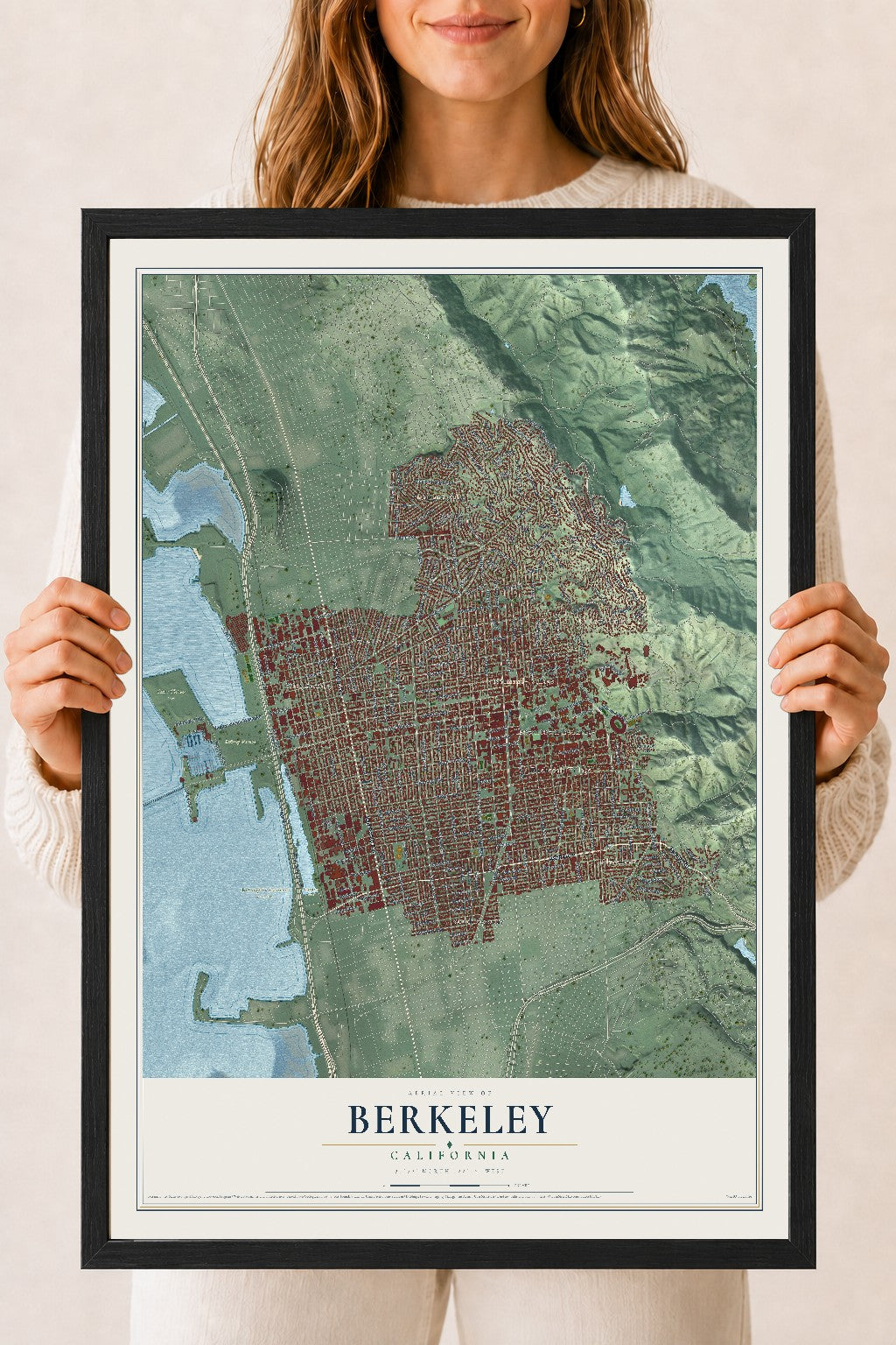 Map of Berkeley, California, 18 x 24 inch print in a black wood frame