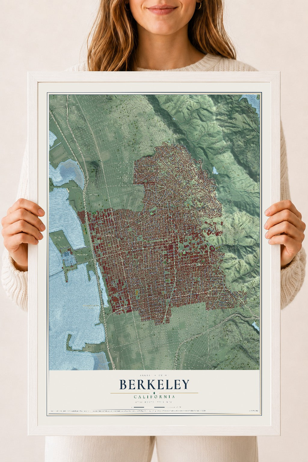 Map of Berkeley, California, 18 x 24 inch print in a white wood frame