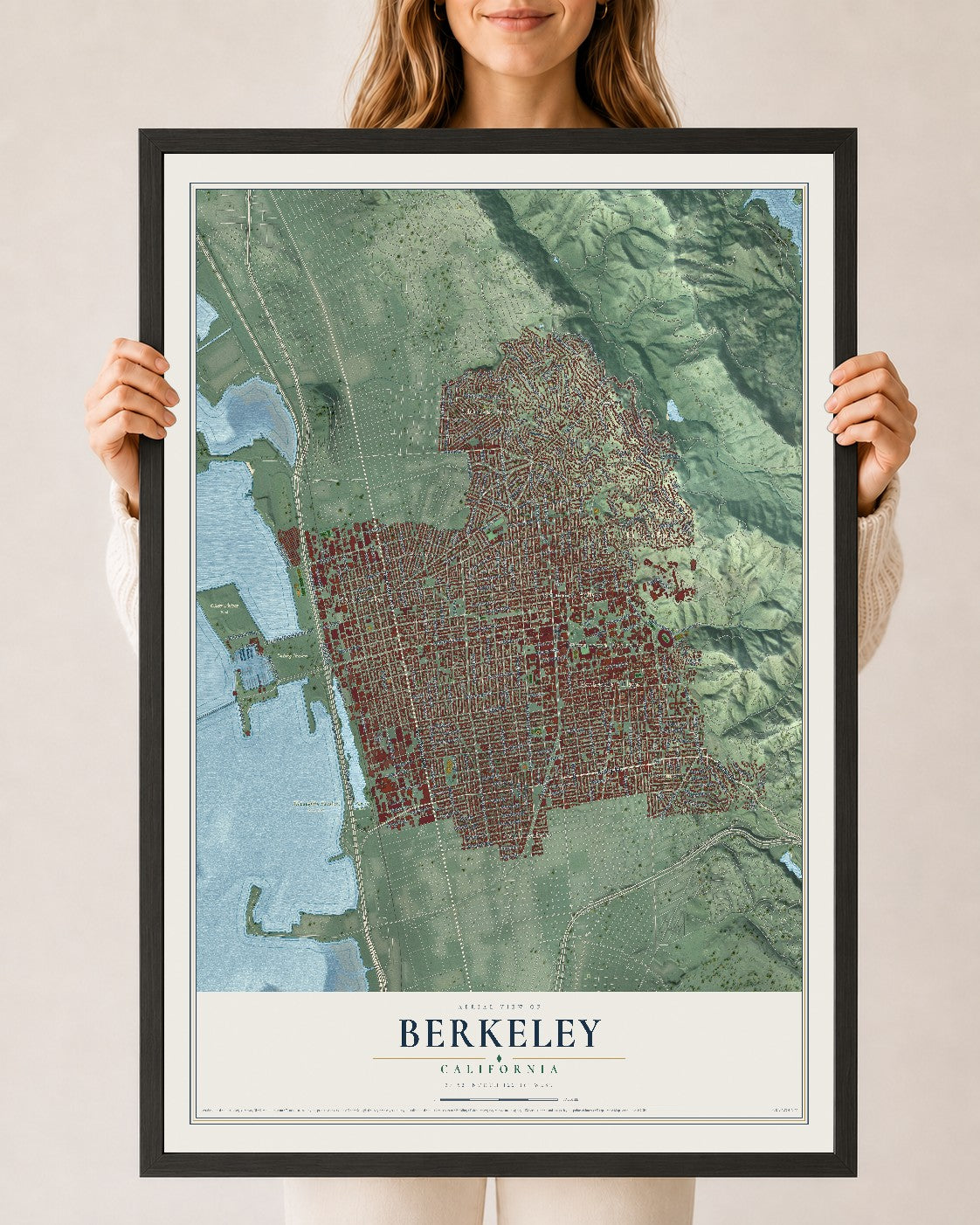 Map of Berkeley, California, 24 x 36 inch print in a black wood frame