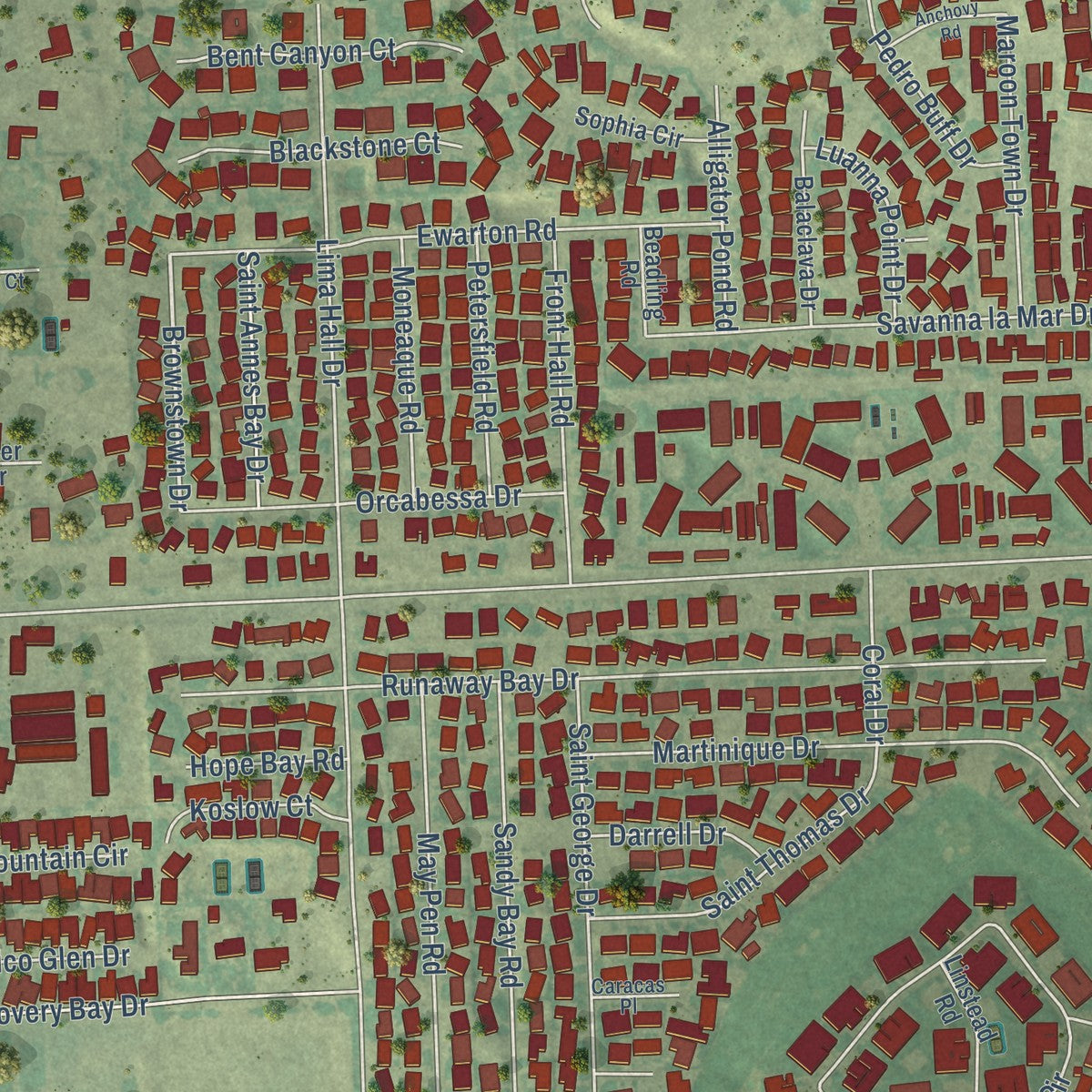 Close-up of the map of Bermuda Dunes, California print showing street and building detail