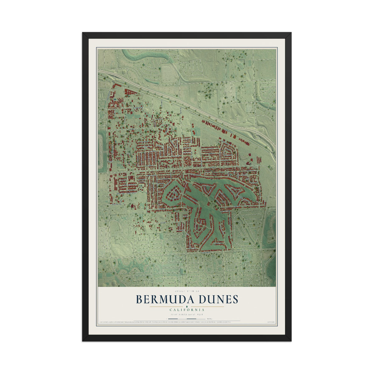 Map of Bermuda Dunes, California, 12 x 18 inch print in a black wood frame