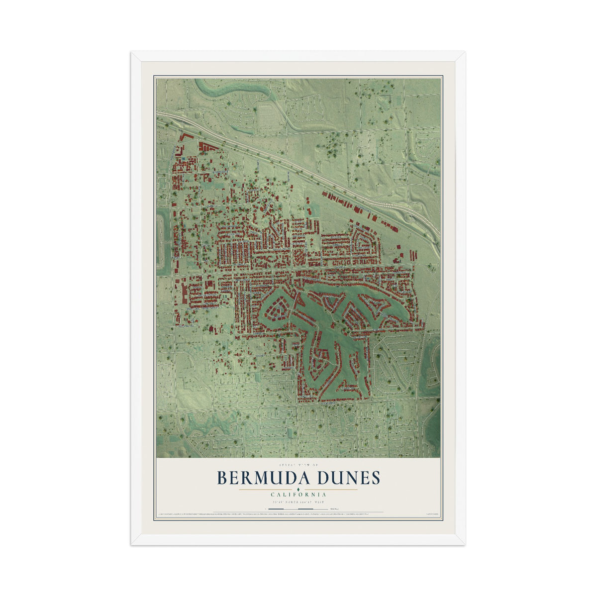 Map of Bermuda Dunes, California, 12 x 18 inch print in a white wood frame