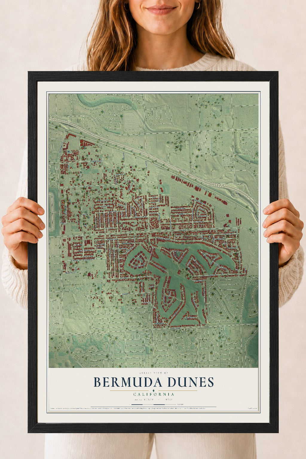 Map of Bermuda Dunes, California, 18 x 24 inch print in a black wood frame