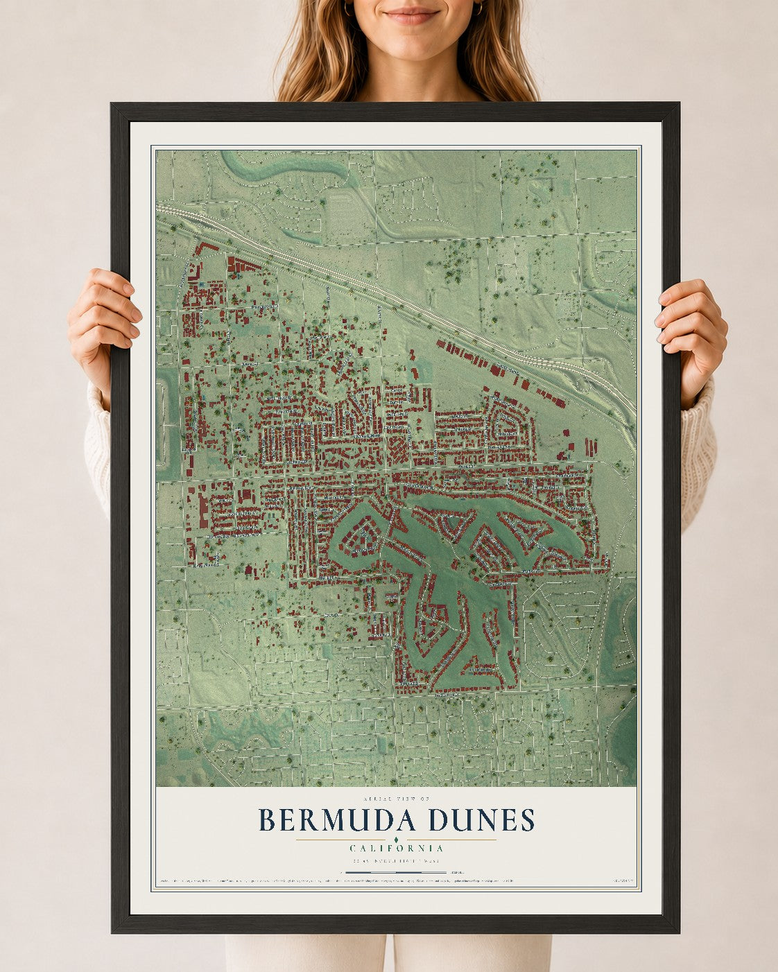 Map of Bermuda Dunes, California, 24 x 36 inch print in a black wood frame