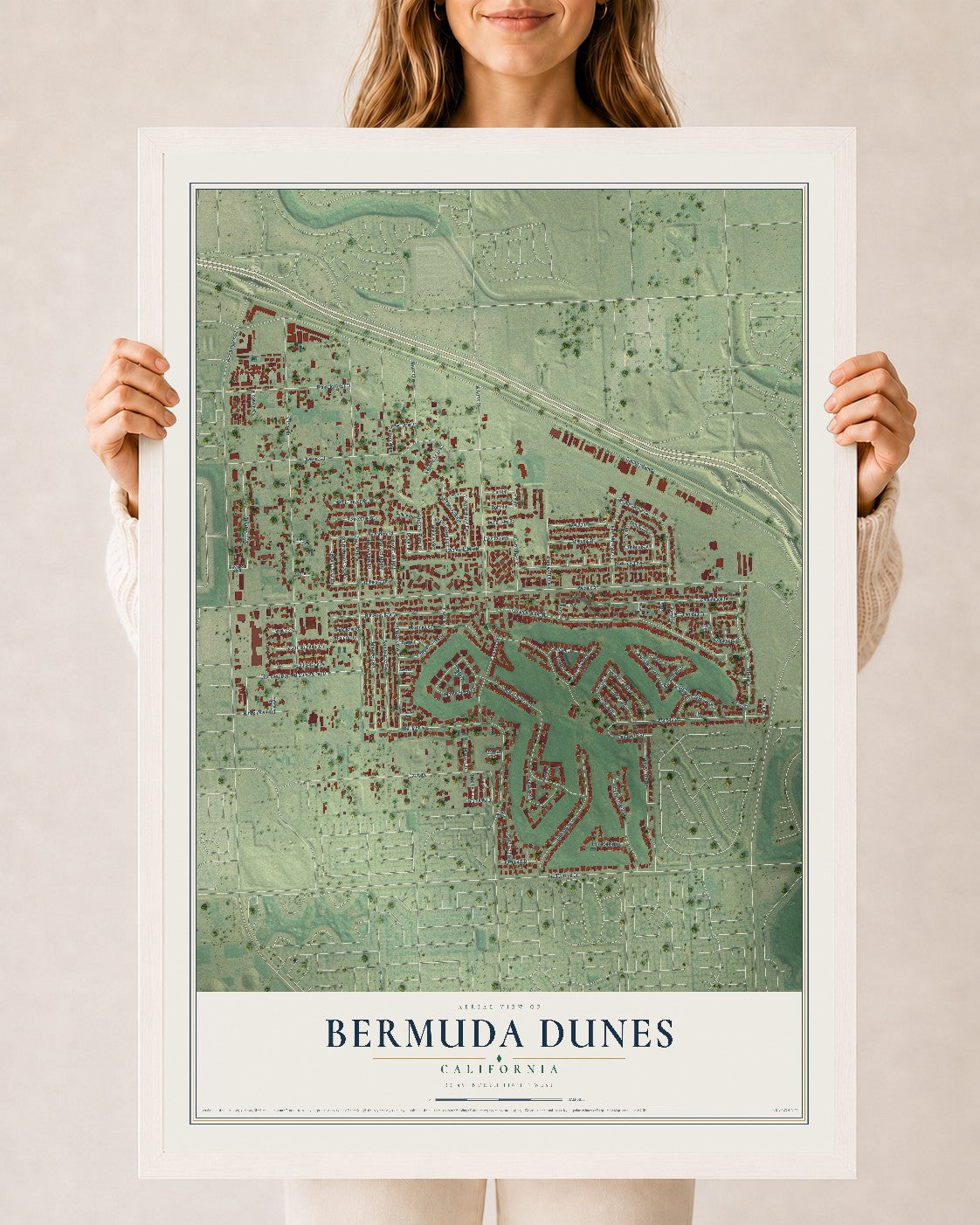 Map of Bermuda Dunes, California, 24 x 36 inch print in a white wood frame