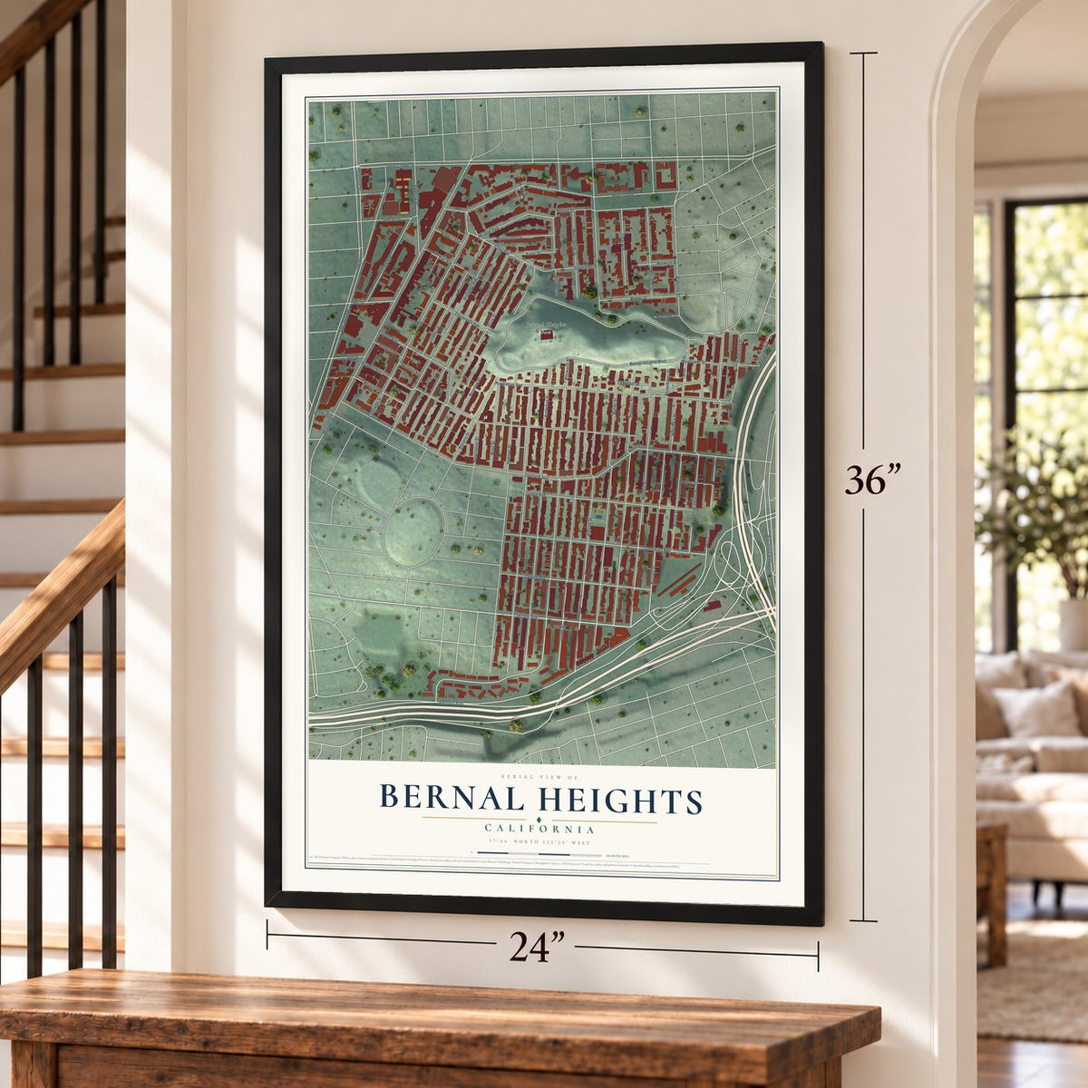Bernal Heights, California map, 24 x 36 inch print in a black frame by a staircase