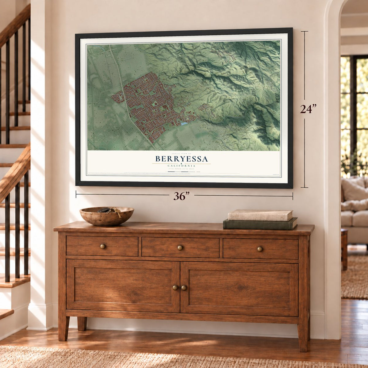 Berryessa, California map, 24 x 36 inch print in a black frame above a dresser by a staircase