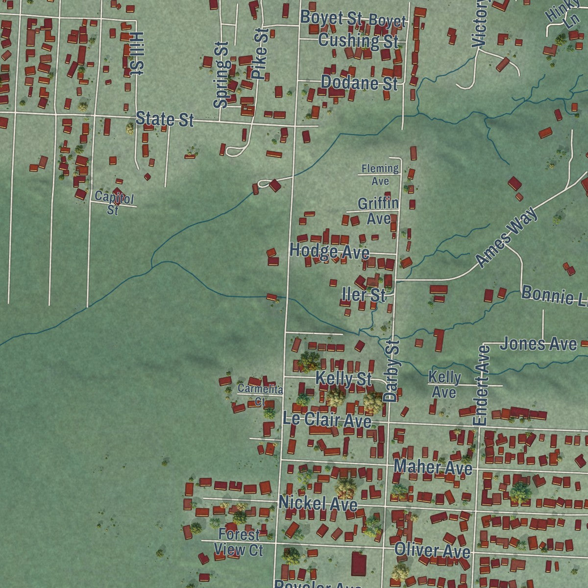 Close-up of the map of Bertsch-Oceanview, California print showing street and building detail