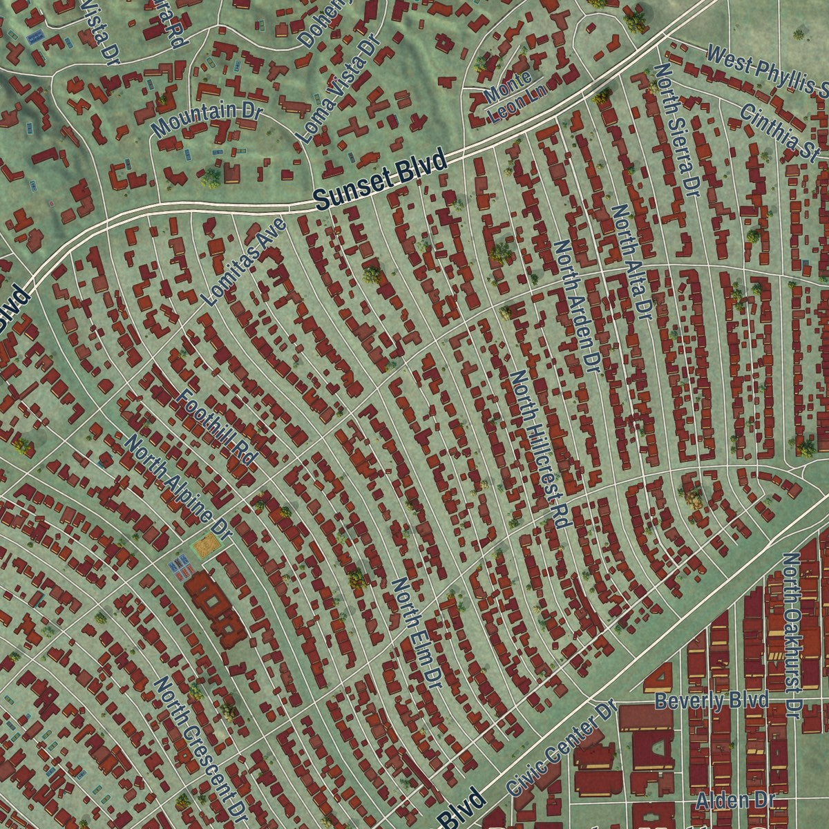 Close-up of the map of Beverly Hills, California print showing street and building detail