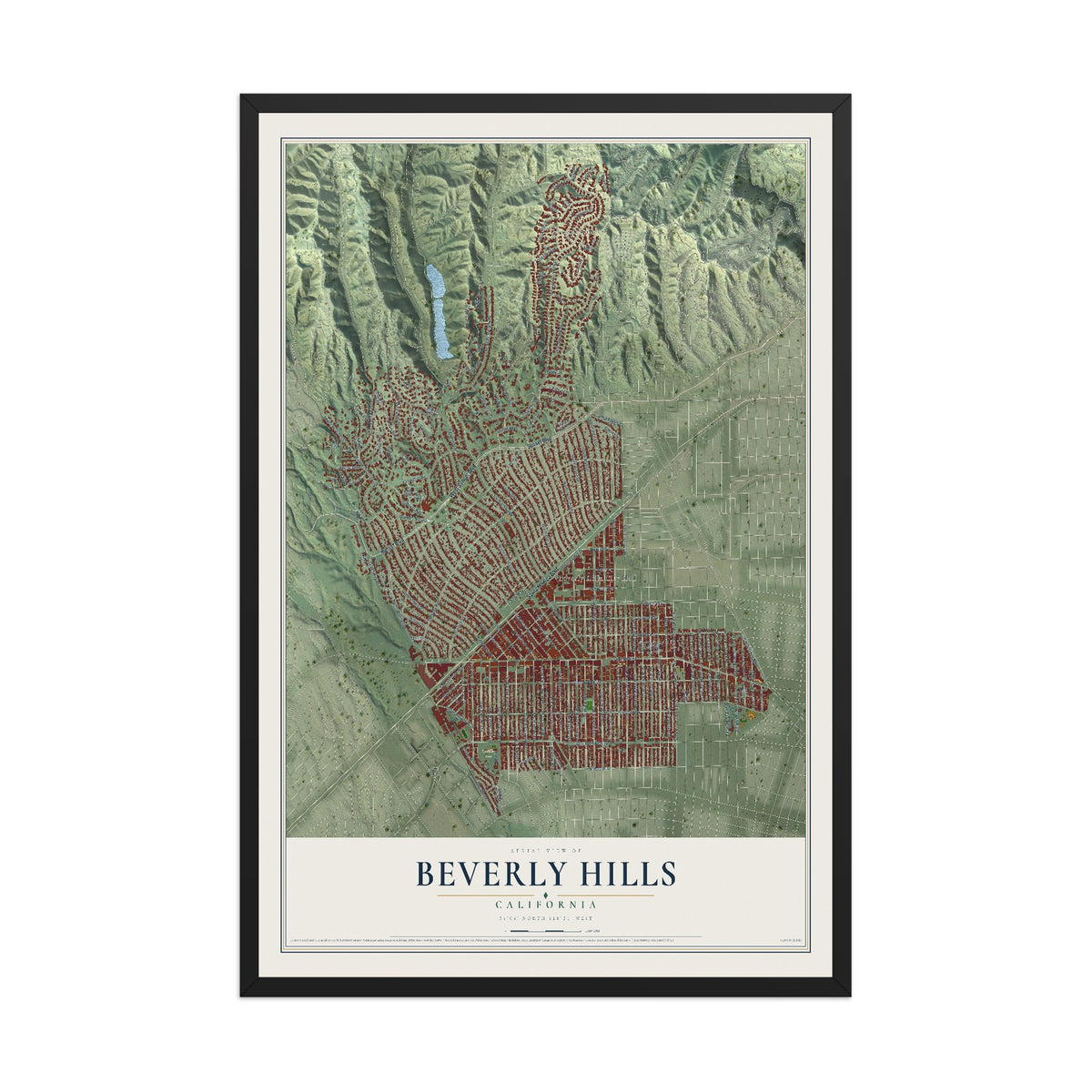 Map of Beverly Hills, California, 12 x 18 inch print in a black wood frame