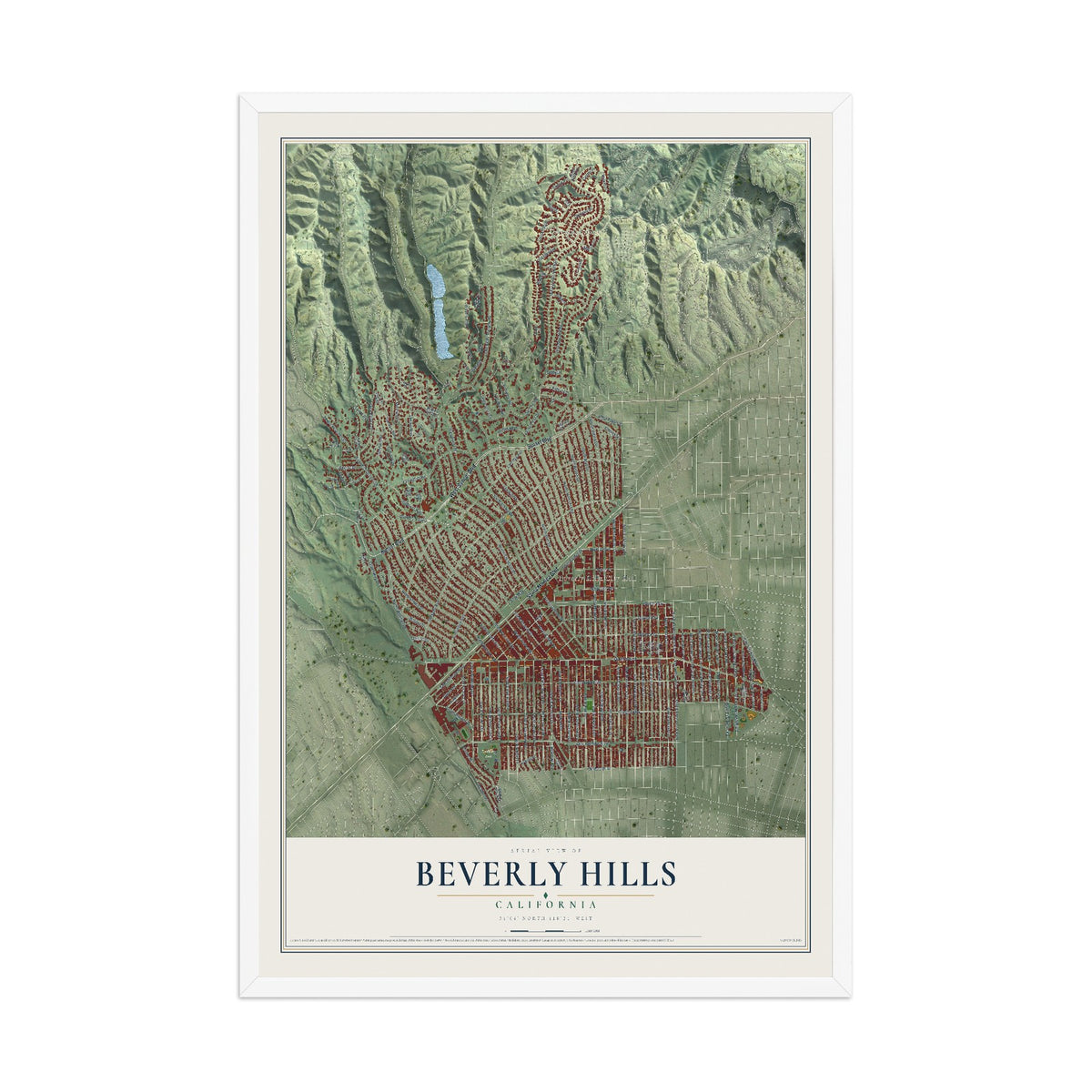 Map of Beverly Hills, California, 12 x 18 inch print in a white wood frame